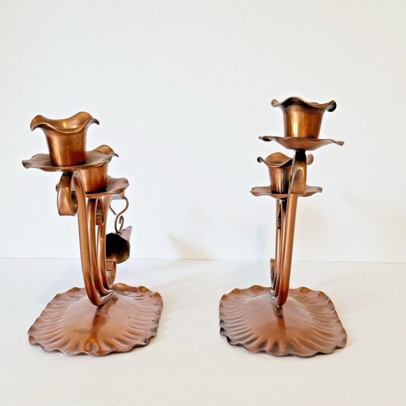Vintage Solid Hammered Copper Candle Holders Candelabra Snuffer Gregorian MCM - Picture 2 of 14